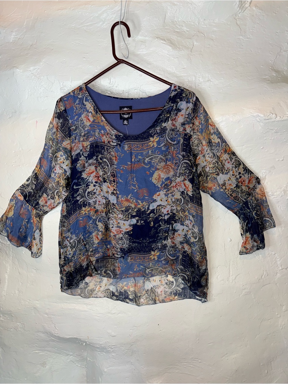 Navy Floral Sheer 3/4 Sleeve Blouse